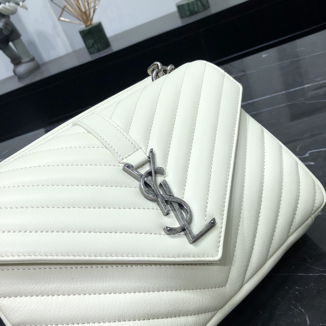 Saint Laurent Lambskin College Handbag Shoulder Bag White 600279 Silver